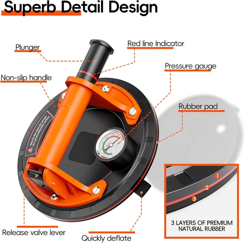 SPECILITE 8" Heavy Duty Glass Suction Cups 2 Pack with Pressure Gauge for Lifting Large Tile, Marble, Windows, 880 lbs Load Capacity, Industrial Vacuum Lifter with Handle, Carrying Case, Gloves,Orange - Image 4